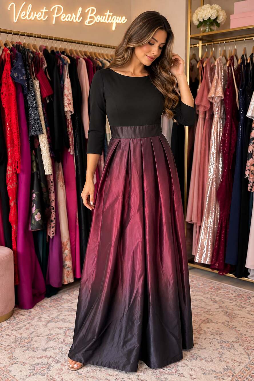 SLNY 3/4 Sleeve Ombre Gown Size 10 Fig Black Formal Dress